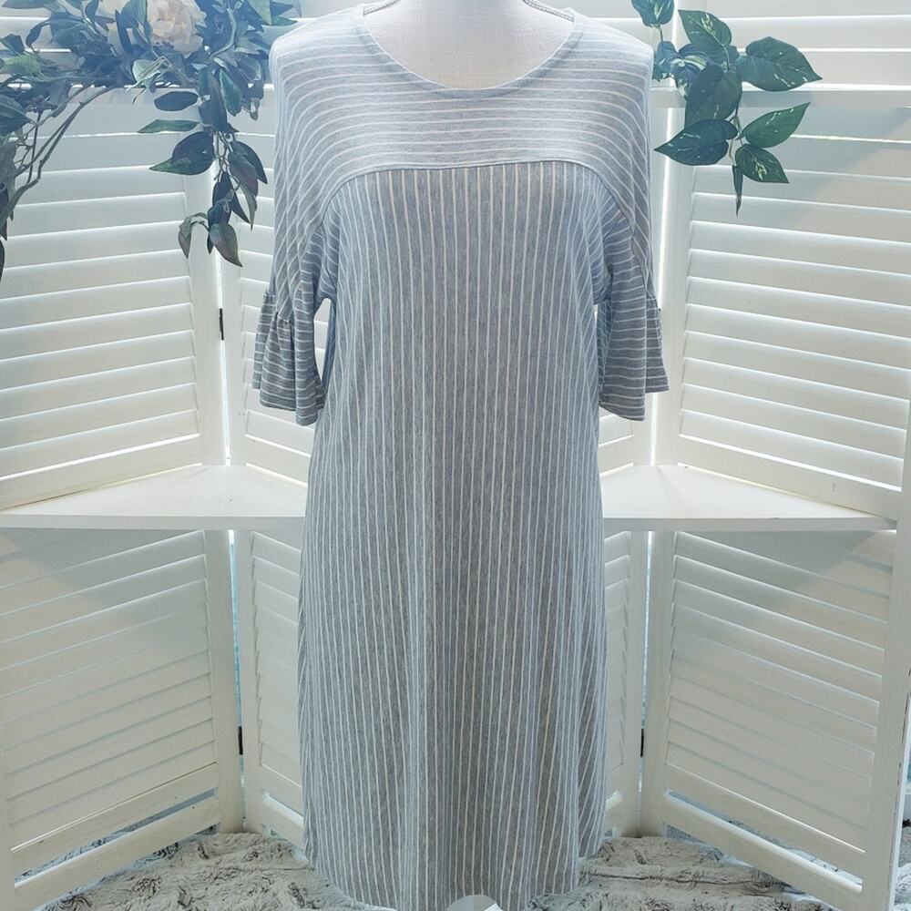 COA NWT ANTHROPOLOGIE GRAY STRIPE PENCIL DRESS WITH BELL SLEEVE SIZE MED